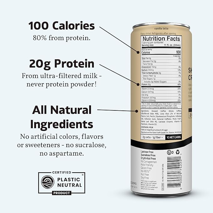 Slate Milk - High Protein Iced Coffee - Vanilla Latte - 175mg Caffeine, Lactose Free Energy - 20g Protein, 1g Sugar, 100 Calories, 1g Net Carbs, No Sugar Added - Protein Coffee - 11 fl oz, 24 Cans