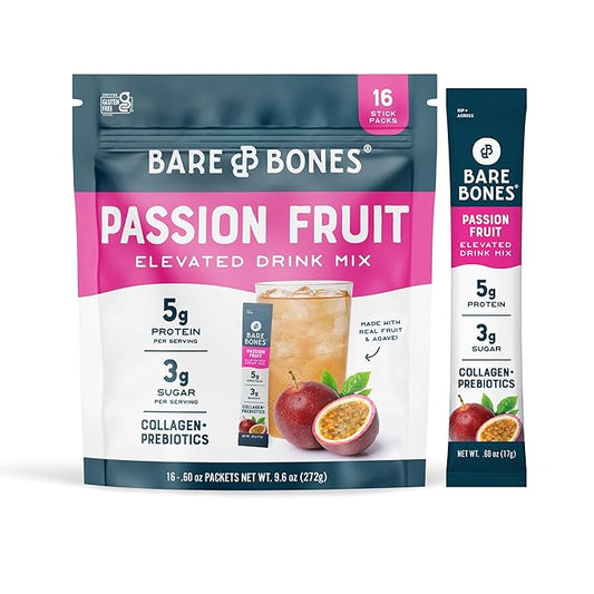 Bare Bones Passion Fruit Elevated Drink Mix | Light & Flavorful | Gluten-Free & Naturally Sweetened | On-the-Go Stick Single-Serve Packs Powdered Refreshment | 5g Protein | 16 Packets (.60 oz)