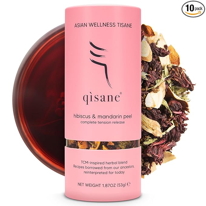qìsane Organic Hibiscus Tea Bags with Mandarin Peel - Loose Leaf Hibiscus Tea, Organic Licorice Root, Cassia Seeds - Tangy Citrus Flavor to Help Support Strain and Tension - 10 sachets (~30 cups)