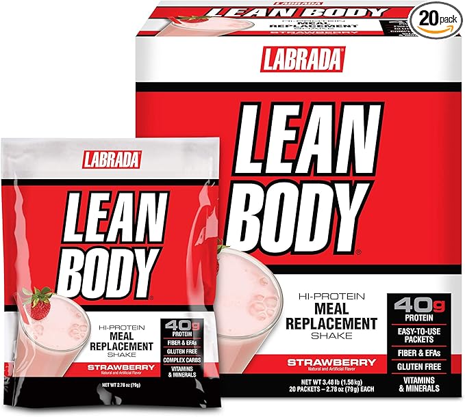 Labrada Lean Body MRP All-In-One Strawberry Meal Replacement Shake, 40g Protein, Whey Blend, 8g Healthy Fats EFA's & Fiber, 22 Vitamins and Minerals , No artificial color, Gluten Free, (20 Packets)