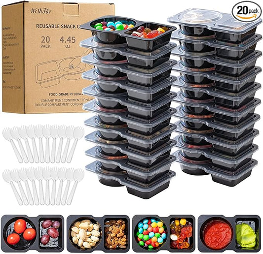 20 Sets Reusable Snack Containers with Lids & 20 Sporks – Double Compartment for Portion Control, BPA-Free Leak-Proof Dipping Containers for Meal Prep, Travel, and Outdoor Snacks (Black)