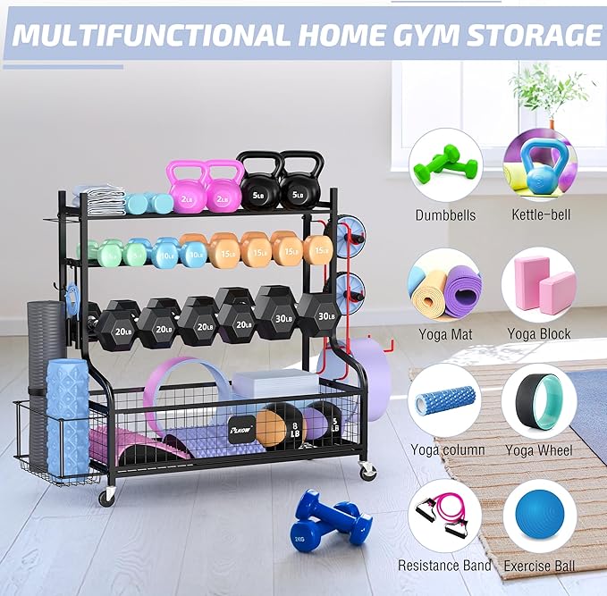 PLKOW Dumbbell Rack, Weight Rack for Dumbbells, Home Gym Storage for Dumbbells Kettlebells Yoga Mat and Balls, All in One Workout Storage with Wheels and Hooks, Powder Coated Finish Steel