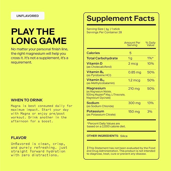 MAGNA Electrolyte Powder Drink Mix for Hydration, Energy & Focus Support with Magnesium L Threonate, Malate & Glycinate, Sodium, Potassium, Vitamin D, B6 & B12, Unflavored, 14 Servings