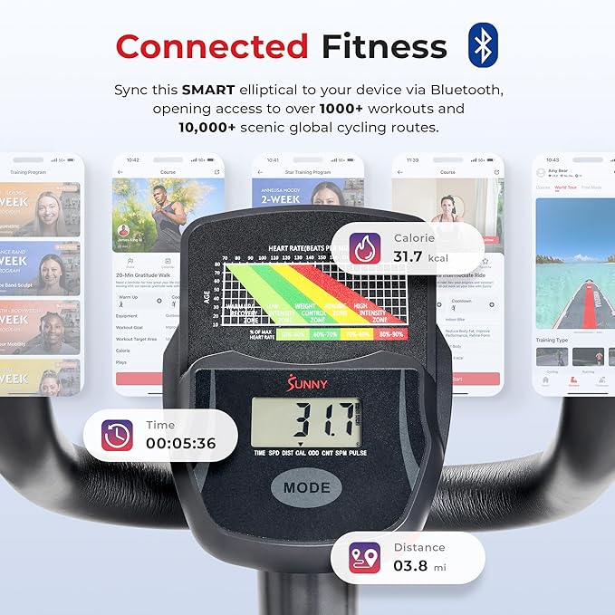 Sunny Health & Fitness Smart Upright Elliptical w/Pulse Sensor Built-in, Indoor Full-Body Cross-Training & Cardio Exercise Machine for Home, Free SunnyFit App Connection, Optional Long Stride Length