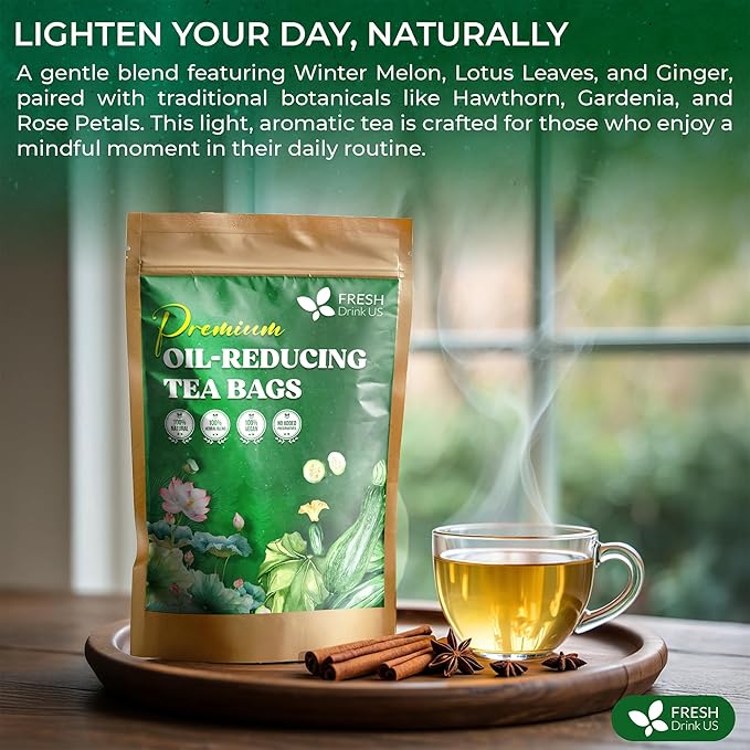 FreshDrinkUS, Oil-Reducing Herbal Tea β 40 Tea Bags | Blend of Winter Melon, Lotus Leaf, Ginger, Hawthorn, Gardenia Fruit, Rose, Cassia Seed & More | Naturally Caffeine-Free | Delicious Hot or Iced