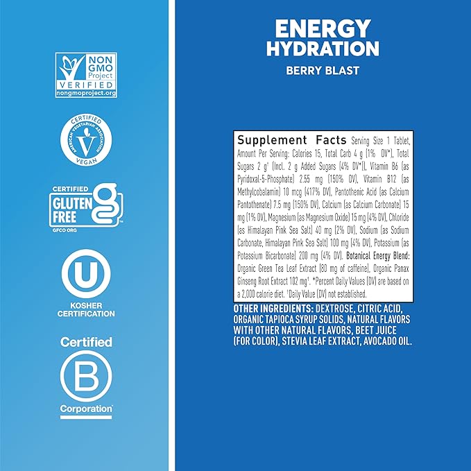 Nuun Energy Electrolyte Tablets with Ginseng, Caffeine from Green Tea Extract, Vitamin B12, B6, B5, Magnesium & 4 Other Electrolytes, Gluten Free & Vegan, Berry Blast, 8 Pack (80 Servings Total)