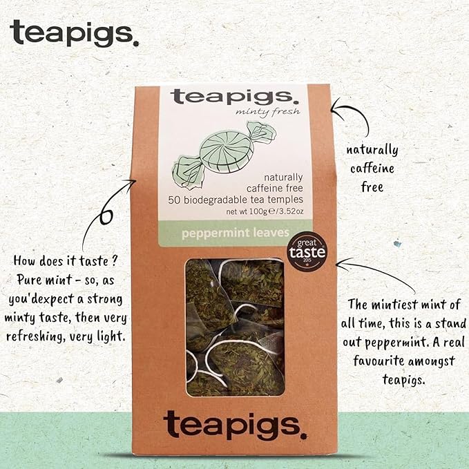 Teapigs Peppermint Leaves Tea Bags Made with Whole Leaves, Caffeine-Free, Natural Ingredients (1 Pack of 50 Teabags)