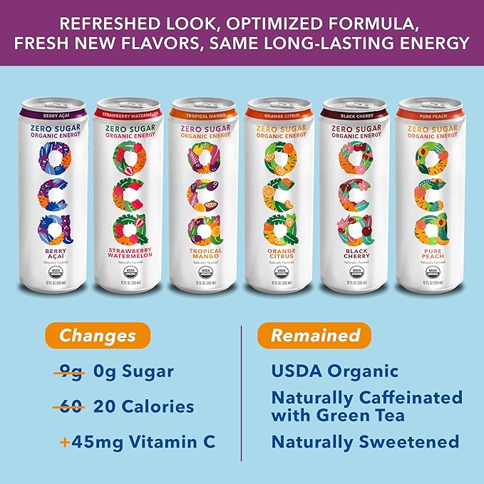 OCA ZERO Variety Pack, Organic energy drink, zero sugar, gluten-free, vegan plant-based, 12 Fl Oz (12-pack)