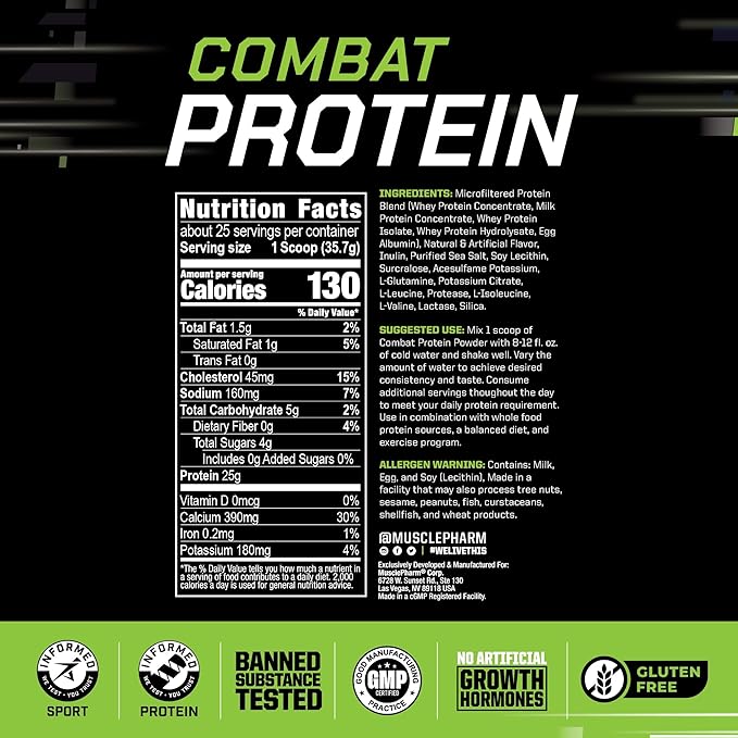 MusclePharm Combat Protein Powder, Vanilla Flavor, Fuels Muscles for Productive Workouts, 5 Protein Sources Including Whey Protein Isolate & Egg Albumin, Gluten Free, 2 lb, 25 Servings