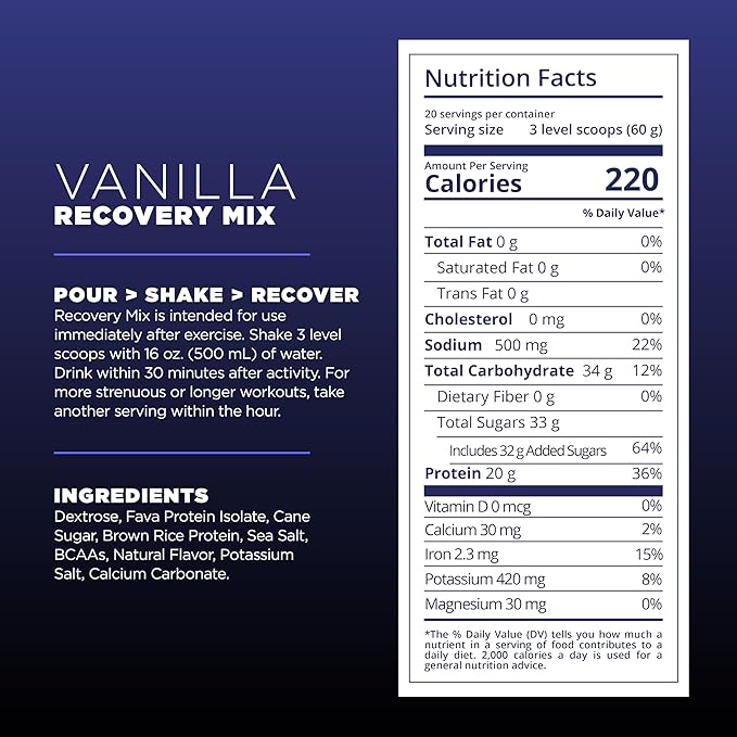 Tailwind Nutrition Recovery Mix, 20 Grams Complete Protein, Carbohydrates, and Electrolytes Powder Drink Mix for Post-Workout, Free of Gluten, Soy, and Dairy, Vegan, 20 Servings, Vanilla