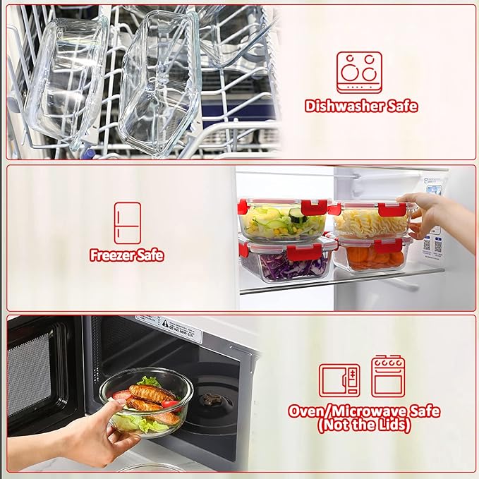 M MCIRCO 24-Piece Glass Food Storage Containers with Locking Lids,Glass Meal Prep Containers Set - Airtight Lunch Containers, Microwave, Oven, Freezer and Dishwasher, Red