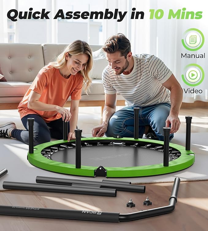 BCAN 40"/48" Foldable Mini Trampoline, Rebounder Trampoline for Adults, U/T Shape Adjustable Foam Handle, Exercise Rebounder for Adults Indoor/Garden Workout, Max Load 330lbs/440lbs