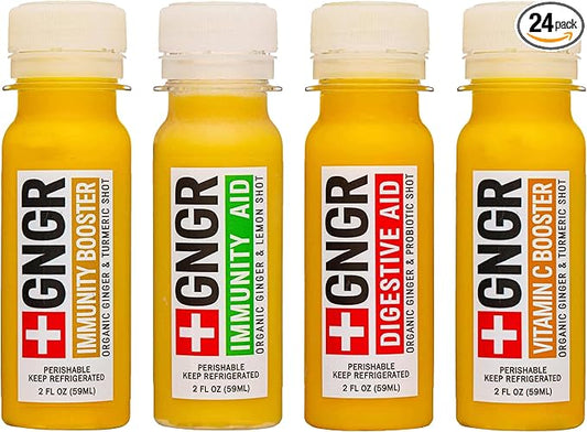'+GNGR 24 Shots Variety Pack of Organic Immunity Boosting Ginger Shots - Cold Pressed Ginger Shots for All Natural Digestive and Immune Support - Nothing Artificial - USDA Organic (2 Fl Oz, 24 Pack)