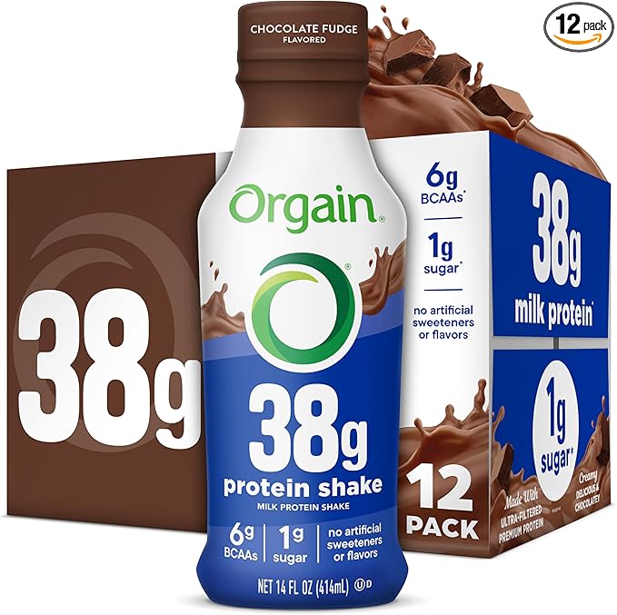 Orgain 38g High Protein Shake, Dairy Isolate Protein Milk, Chocolate Fudge, 6g BCAAs, 1g Sugar Per Serving, Meal Replacement, Ready to Drink, Keto Friendly, Gluten-Free 14 Fl Oz (Pack of 12)