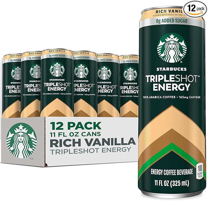 Starbucks Tripleshot Coffee Energy Drink, Rich Vanilla, 11 fl oz Cans (12 Pack), Triple Blend, 165mg Caffeine, B Vitamins, Protein, Iced Coffee (Packaging and Formula May Vary)