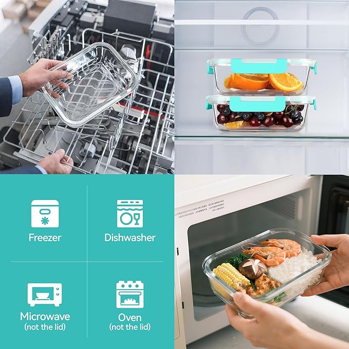 BAYZZ Glass Food Storage Containers, 5 Pack 35 Oz Glass Meal Prep Containers, Lunch Boxes with Airtight BPA-Free Lids, Microwave, Freezer and Dishwasher Safe,Green