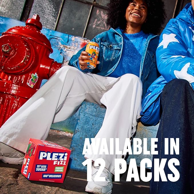 PLEZi FiZZ Cherry Limeade Sparkling Juice - Healthy Soda Alternative with Real Fruit Juice, No Added Sugar - Low Sugar Sparkling Drink - Good Source of Fiber, 12 Fl Oz (12 Pack)