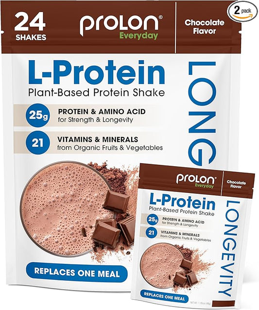Prolon Longevity Plant Based Protein Powder | Muscle Synthesis & Repair, Healthy Aging, Boost Performance | Vitamins, Gluten Free, Amino Acids, Antioxidants | 25g of Protein | Chocolate, 24 Packets