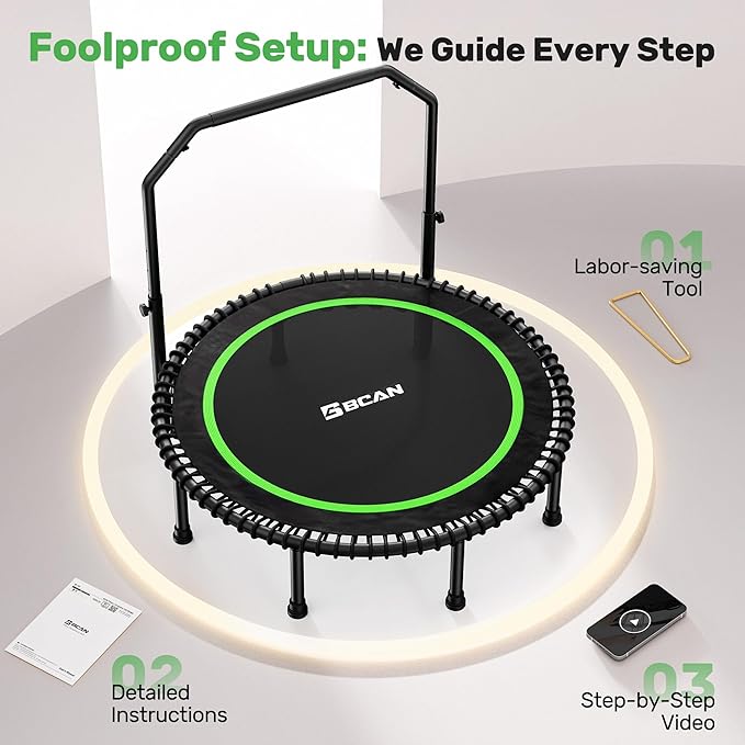 BCAN 40"/48" Rebounder Trampoline for Adult, 450/550LBS Fitness Trampoline with Bungees, Adjustable Handle, Stable & Quiet, Indoor Outdoor, Whole-Body Workout & Relaxation at Home for Women/Men