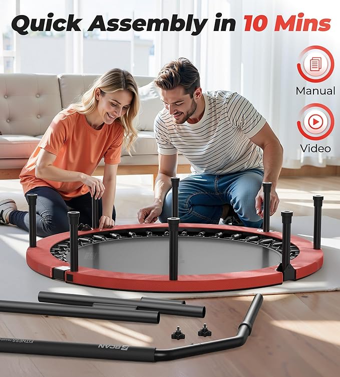 BCAN 40"/48" Foldable Mini Trampoline, Rebounder Trampoline for Adults, U/T Shape Adjustable Foam Handle, Exercise Rebounder for Adults Indoor/Garden Workout, Max Load 330lbs/440lbs