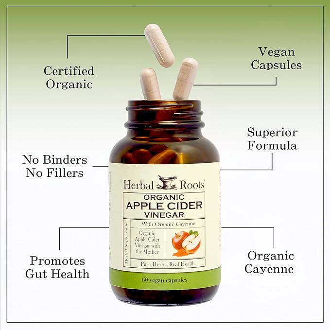 Herbal Roots Organic Apple Cider Vinegar Capsules with Mother and Organic Cayenne | 650 mg | 60 Vegan Capsules