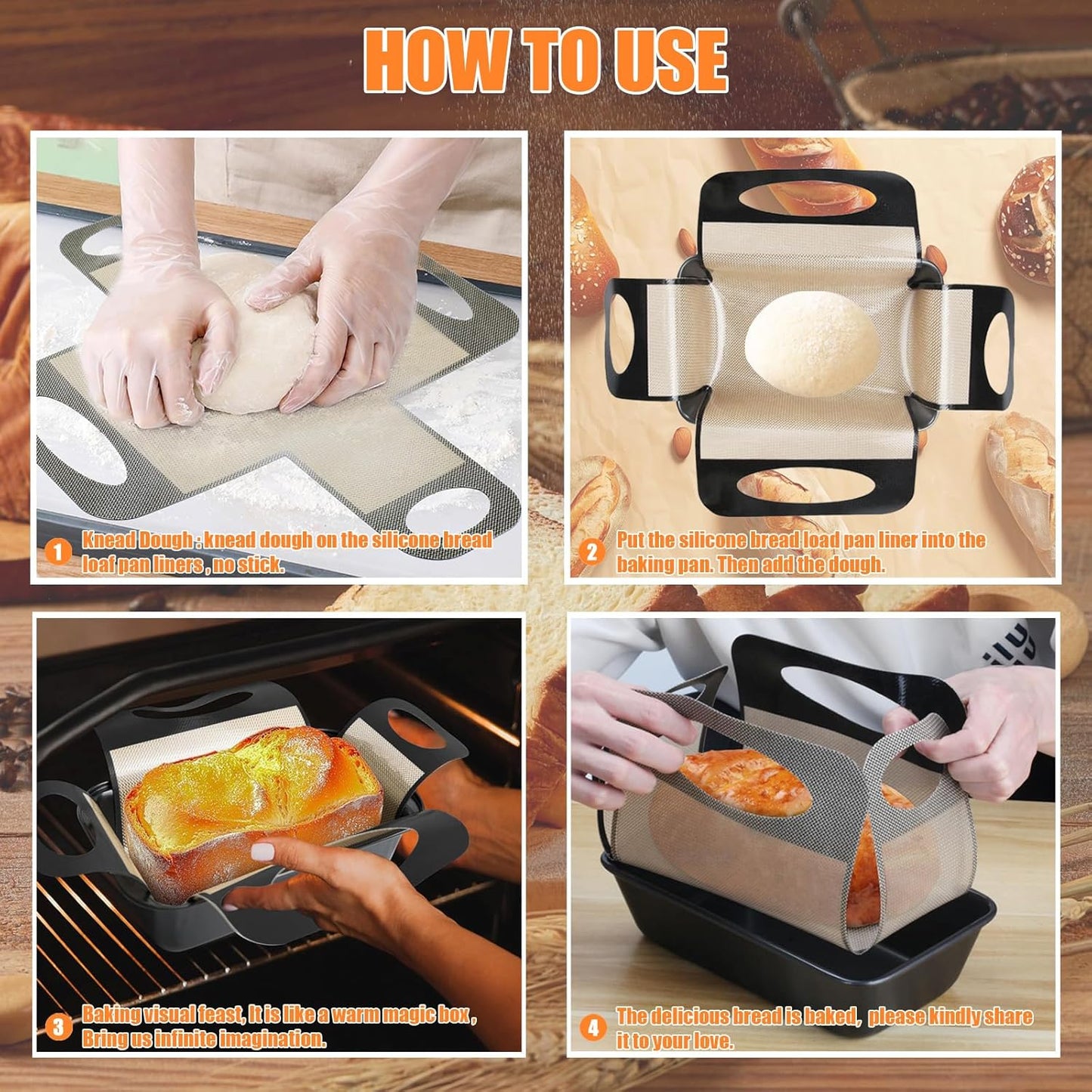 2Pcs Reusable Silicone Bread Loaf Pan Liner, Food-Grade Silicone Bread Sling, Sourdough Bread Baking Mat, Loaf Pan Lifters, Non-Stick&Easy Clean Dough Transfer Tool, Fits 9x5 or 1.5lb Loaf Pans,Black