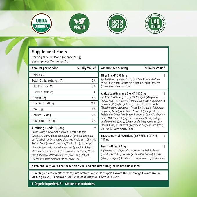 Super Greens Daily Greens Superfood Powder - Certified USDA Organic Green Powder w/20+ Whole Foods, Spirulina, Wheat & Barley Grass - Probiotics, Fiber & Enzymes - Pineapple Mango, 30 Servings