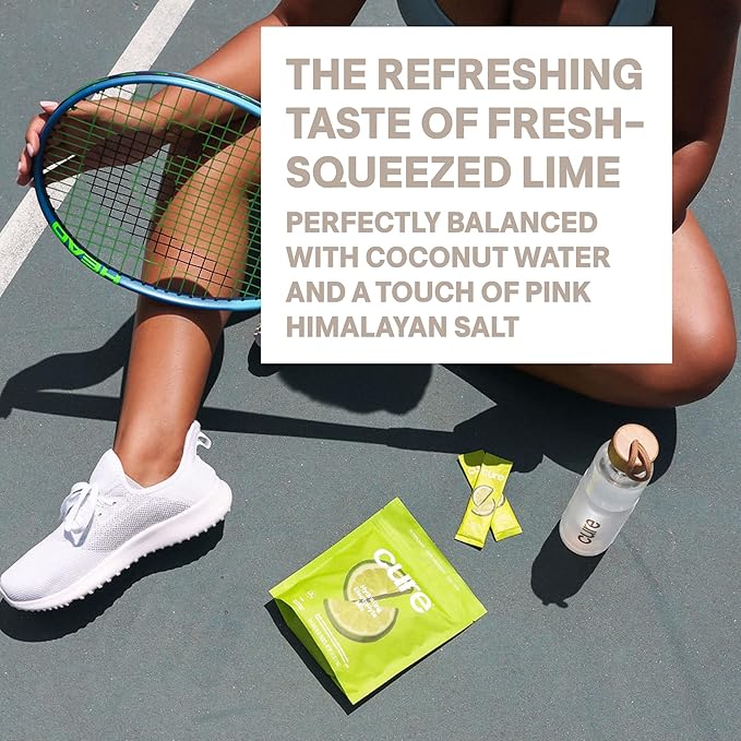 Cure Hydration | Plant-Based Electrolyte Drink Mix | No Added Sugar | FSA-HSA | Dehydration Relief Powder Made with Coconut Water | Non-GMO | Vegan | Pouch of 14 Packets - Lime