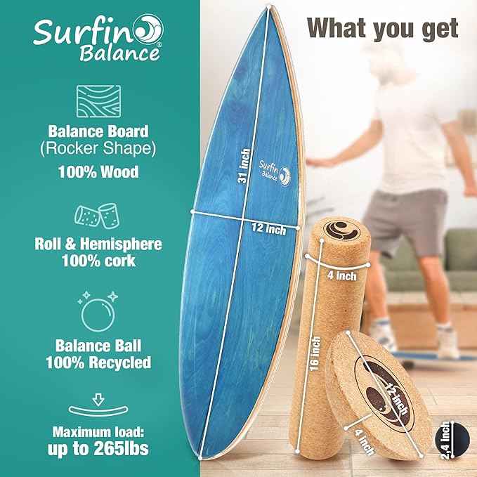 Board - unique board incl. corc roller, corc hemisphere and balance ball - surf balance board - balance training - balance board kids - balance board wood