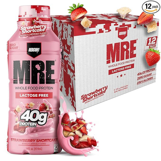 REDCON1 MRE Ready to Drink Protein Shake, Strawberry Shortcake- Lactose + Whey Free RTD 40gr Protein Made with Real Whole Food Protein Blends - Keto-Friendly Easy to Digest Nutritional Shake (12 Pack)