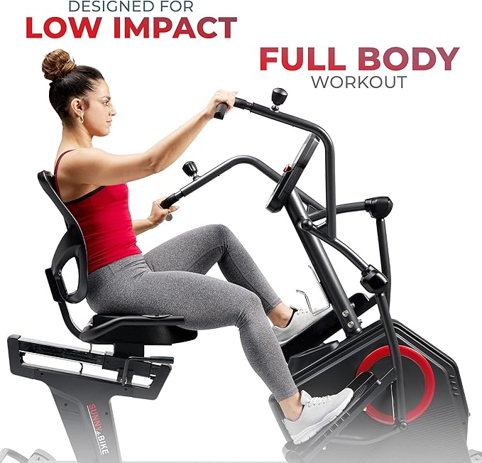 Sunny Health & Fitness Elite Recumbent Cross Trainer & Elliptical Machine with Arm Exercisers for Home Arm/Leg Training, Easy Adjust Seat & Mesh Backrest, Free SunnyFit App Bluetooth Connectivity