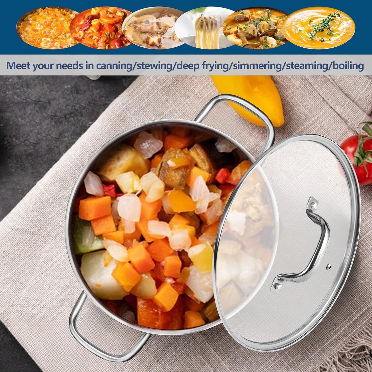 E-far 10 Quart Pot, Stainless Steel Stock Cooking Pot with Glass Lid for Soup Canning Stewing Simmering, Heavy Duty Large Cookware with Triply Base for Induction Gas Ceramic Stoves, Dishwasher Safe