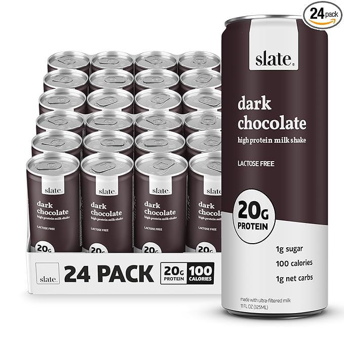Slate Milk - High Protein Milk Shake - Dark Chocolate - Lactose Free, 20g Protein, 1g Sugar, 100 Calories, 1g Net Carbs, No Added Sugar - Natural, Breakfast Boost, Post Workout - 11 fl oz, 24 Cans