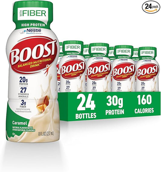 BOOST High Protein with Fiber Ready to Drink Complete Nutritional Drink, Caramel, 8 fl oz Bottle, 24 Pack