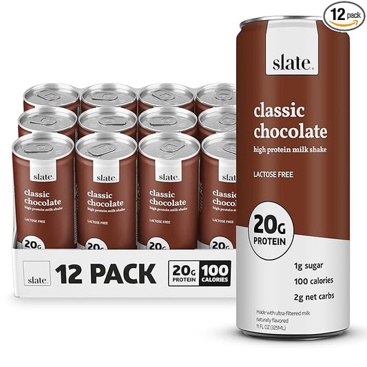 Slate Milk - High Protein Milk Shake - Classic Chocolate - Lactose Free, 20g Protein, 1g Sugar, 100 Calories, 2g Net Carbs, No Added Sugar - Natural, Breakfast Boost, Post Workout - 11 fl oz, 12 Cans