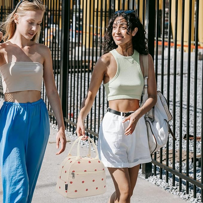 FlowFly Insulated Lunch Bag for Women – Corduroy Lunch Tote Box, Cute Cooler Bag for Work, Travel, Picnic,Corduroy Strawberries Purple