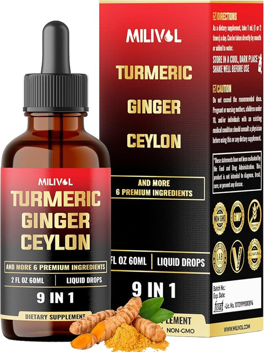 9in1 Liquid Turmeric Curcumin with Ginger, Berberine, Ceylon, Garlic, Black Pepper for Joint Support - 2FL Oz - 60 Servings