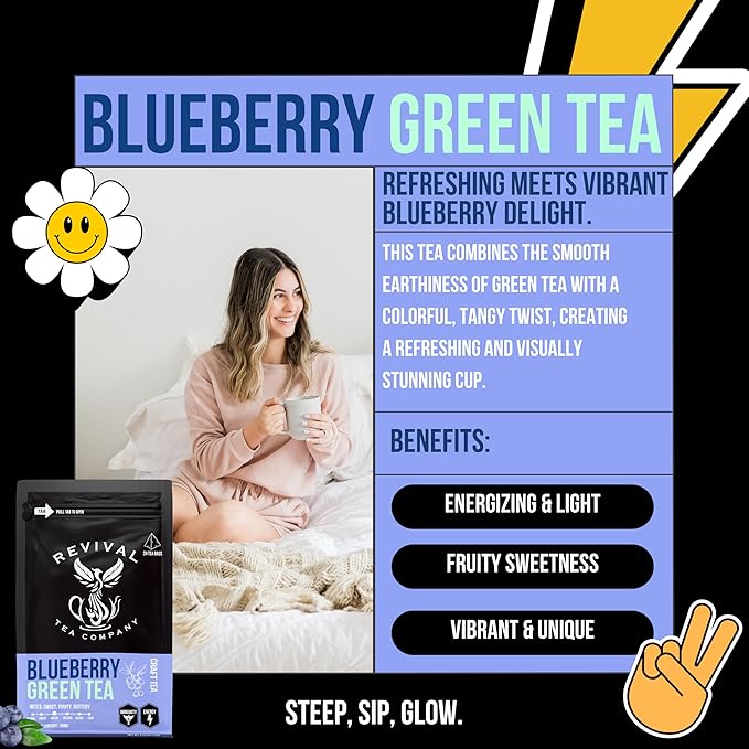 Revival Tea Company Blueberry Green Tea - Green Tea Blend with Natural Blueberry Flavor - Loose Leaf 6 Ounces