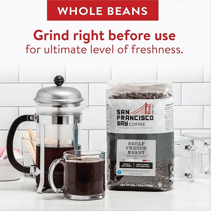 San Francisco Bay Coffee - Decaf Dark Roast Whole Bean Coffee - Decaf French Roast (2 lb bag) - Swiss Water Processed