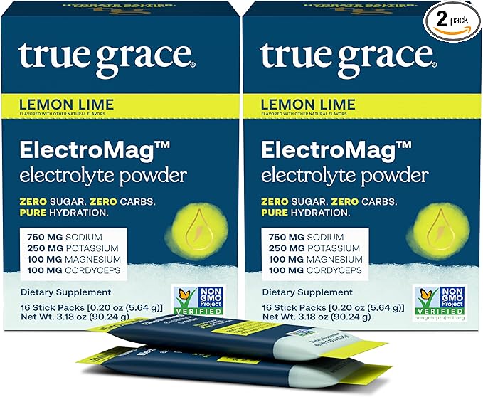 True Grace ElectroMag - 16 Stick Packs (Pack of 2) - Lemon Lime - Electrolyte Powder for Rapid Hydration - Sodium, Potassium, Magnesium & Cordyceps - Zero Sugar & Carbs - Non-GMO - 32 Total Servings