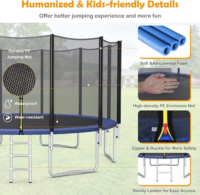GYMAX Trampoline, 8FT 10FT 12FT 14FT 15FT 16FT Recreational Trampolines w/Safety Enclosure Net & Ladder - ASTM Certificated, Outdoor Trampoline for Kids and Adults