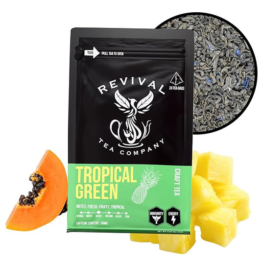 Revival Tea Company Tropical Green Tea - Green Tea Blend with Pineapple and Papaya Flavor - 24 Tea Bags