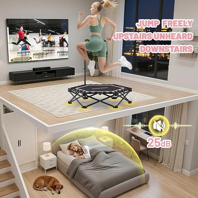 Foldable Mini Trampoline, Rebounder Trampoline with Adjustable Foam Handle, Fitness Trampoline for Indoor, Outdoor, Home Gym, Max Load 460 lbs