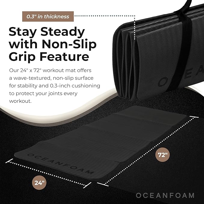 Oceanfoam Travel Workout Mat – 0.3" Thick Folding Exercise Mat for Yoga, Pilates, & Fitness – Non-Slip with Cotton Carrying Strap, Made with Sustainable Algae Foam – 24" x 72" (Charcoal)
