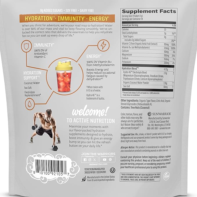 Sunwarrior Hydration Powder Electrolyte Packets Powder B12 Elderberry | Juicy Pineapple Flavored 18 Stick Packs 126g Pouch | Vegan and Plant-Based Sugar Free