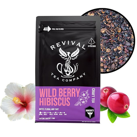 Revival Tea Company Wild Berry Hibiscus Tea - Herbal Tea Blend with Elderberry and Natural Wild Berry Flavor - Caffeine Free - Loose Leaf 6 Ounces
