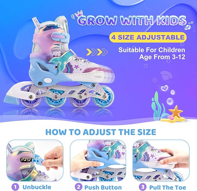 NEMONE Mermaid Inline Skates, 4 Sizes Adjustable Skates for Girls Kids with Light up Wheels, Indoor Beginner Outdoor for Kids Ages 4-6 5-8 6-12 8-12