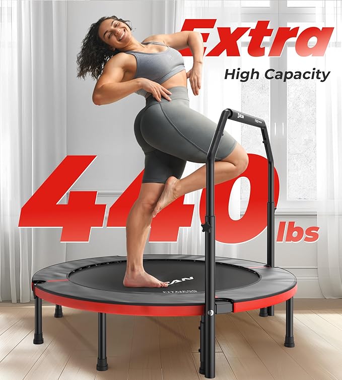BCAN 40"/48" Foldable Mini Trampoline, Rebounder Trampoline for Adults, U/T Shape Adjustable Foam Handle, Exercise Rebounder for Adults Indoor/Garden Workout, Max Load 330lbs/440lbs