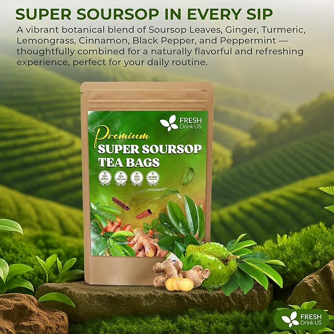 FreshDrinkUS, Super Soursop Herbal Tea ā 40 Tea Bags | Soursop, Ginger, Turmeric, Lemongrass, Cinnamon, Black Pepper & Peppermint | Caffeine-Free, Natural Flavor, Plant-Based Blend | Sugar-Free