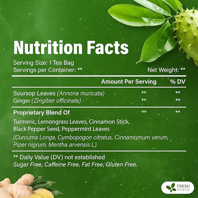 FreshDrinkUS, Super Soursop Herbal Tea ā 40 Tea Bags | Soursop, Ginger, Turmeric, Lemongrass, Cinnamon, Black Pepper & Peppermint | Caffeine-Free, Natural Flavor, Plant-Based Blend | Sugar-Free